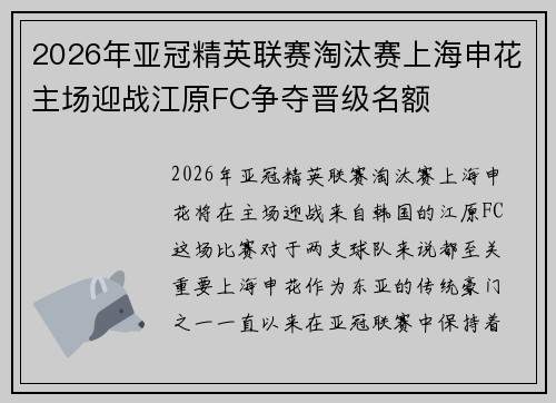 2026年亚冠精英联赛淘汰赛上海申花主场迎战江原FC争夺晋级名额