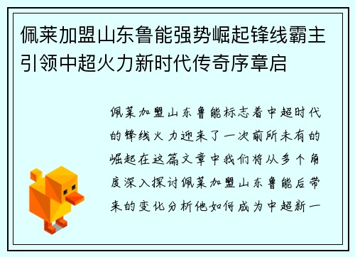 佩莱加盟山东鲁能强势崛起锋线霸主引领中超火力新时代传奇序章启